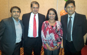 Air India Dinner Consolidators dinner reception. L to R  Rajeev Batish, incoming Airport Manager; Rishikant Singh, new Regional Manager Air India NY,  Katharine Thorat, Sales Manager Midwest and  Nukul Chand,  incoming Midwest Manager