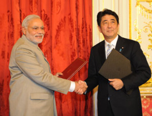 Prime Minister Narendra Modi and Prime Minister of Japan Shinzo Abe after signing the agreements, at Akasaka Palace, in Tokyo