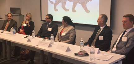 From Left, Consul General of  India, Chicago, Dr. Ausaf Sayeed, Amy Hariani, Director & Legal Policy Counsel for the US-India Business Council (USIBC), Kishen Kavikondala, President SK International, Mrs Poonam Gupta-Krishnan, Founder of Iyka Enterprises, Brad Perine, VP of Marketing, Esayfe  & Tom  L Kelly, Director of Government Affairs, Clark Hill PLC  