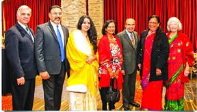 Acharya Shunya with (right) Raj Desai and Helen Desai (Trustees, CIIS),  Shipra and Rita Chaudhari (daughters of Haridas and Bina Chaudhari),  and (on left) Sanjai Mathur (Vedika Global Director), and Joseph Subbiondo,  President of CIIS.  