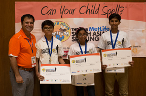 LA Regional from left: Founder of South Asian Spelling Bee- Rahul Walia, 1st Runner up: Emaad Sohail, Regional Champion: Ananya Vinay, 2nd Runner up: Kiran Deepala