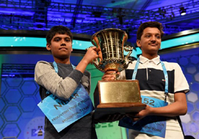 Nihar Janga, 11, of Austin, Texas (left) and Jairam Hathwar, 13, of Painted Post, New York, (right) celebrate as co-champions during the 2016 Scripps National Spelling Bee at the Gaylord National Resort and Convention Center.