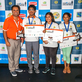 Atlanta Winner (Left to Right): Rahul Walia, founder of The MetLife South Asian Spelling Bee, Sreeniketh Vogoti, regional champion, Navya Murugesan, first runner-up, and Pavani Chittemsetty, second runner-up