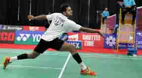 Calgary : H S Prannoy in action at the Canada Open Grand Prix badminton tournament at Calgary on Wednesday. PTI Photo (PTI6_30_2016_000223B)
