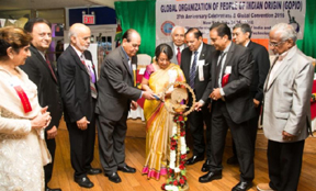 Convention Inauguration by Lighting of the Lamp. Left to right: Dr. Asha Samant, Dr. Rajeev Mehta, Lord Diljit Rana, Lal Motwani, Amb. Riva Ganguly Das, Ram Gadhavi, Guyana Prime Minister Riva Ganguly Das, Noel Lal, Niraj Baxi and Sunny Kulathakal