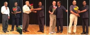 Dr Ragunandan Dundoo, MGC founder, presenting flowers to Dr C.Vardhachary, Dr.Chandralant Tailor, Chandan Mahanta & Ashwin Patel