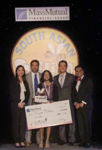 L-R: Candy Chan, Senior Marketing Consultant, Multicultural Marketing, MassMutual, Nimesh Trivedi, Director, Multicultural Marketing, MassMutual, Siyona Mishra, MassMutual South Asian Spelling Bee National Champion, Wonhong Lee, Assistant Vice President, Diverse Markets, MassMutual, and Rahul Walia, founder of The MassMutual South Asian Spelling Bee