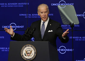 Vice President Joe Biden speaks at the Edward M. Kennedy Institute for the United States Senate, in Boston, about the White House’s cancer “moonshot” initiative — a push to throw everything at finding a cure within five years.