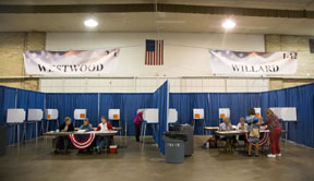 Poll workers assist at the Central Wyoming Fairgrounds in Casper 
