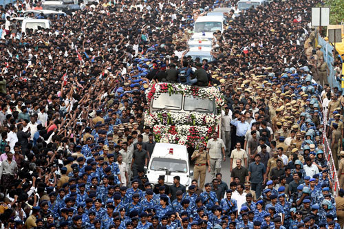 A sea of crowd during the funeral procession of Tamil Nadu’s former Chief Minister J Jayalalithaa in Chennai on December 6