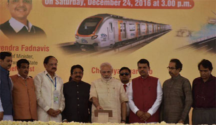 Prime Minister Narendra Modi laying the foundation stone of the two metro corridors and other projects, at Bandra Kurla Complex, in Mumbai on December 24. Governor of Maharashtra, C. Vidyasagar Rao, Union Minister for Railways Suresh Prabhakar Prabhu, Union Minister for Urban Development, Housing & Urban Poverty Alleviation and Information & Broadcasting, M. Venkaiah Naidu, Union Minister for Road Transport & Highways and Shipping, Nitin Gadkari, Chief Minister of Maharashtra, Devendra Fadnavis and other dignitaries are also seen