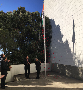 Flag hoisting by Consul General Ashok Venkatesan at Gadar Memorial Hall, San Francisco