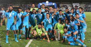 Indian team celebrate with the winning trophy after beating Kenya in final at the Hero International Cup football.