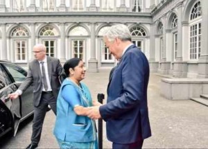 Sushma Swaraj with Deputy PM and foreign minister of Belgium Didier Reyndersat