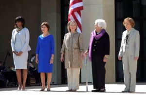 US Former First Lady Michelle Obama L and First Ladies L R Laura Bush Hillary Clinton Barbara Bush and Roslyn Carter