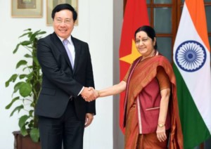 External Affairs Minister Sushma Swaraj shakes hand with Vietnams Deputy Prime Minister and Minister of Foreign Affairs Pham Binh Minh