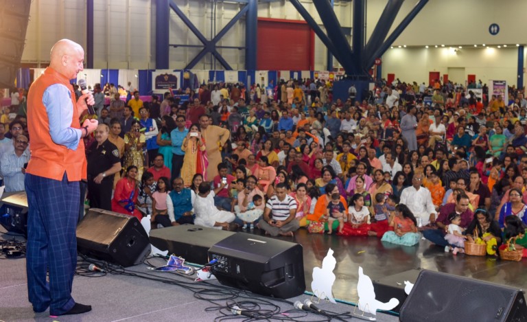 Anupam Kher addressing Janmashtami audience in Houston