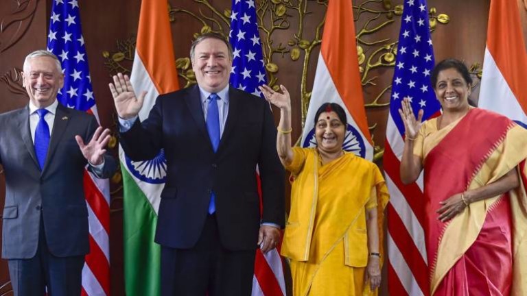 External Affairs Minister Sushma Swaraj and Defence Minister Nirmala Sitharaman with US Secretary of State Michael R Pompeo and Defence Secretary James Mattis