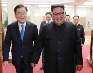 North Korean leader Kim Jong Un right meets with South Korean National Security Director Chung Eui yong