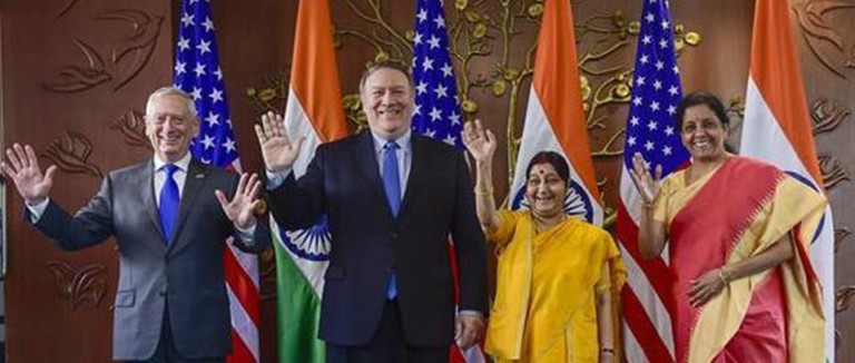 US Secretary of Defence James Mattis US Secretary of State Mike Pompeo Foreign Minister Sushma Swaraj and Defence Minister Nirmala Sitharaman