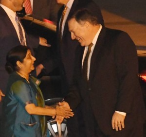 US Secretary of state Michael R. Pompeo being received by External Affairs Minister Sushma Swaraj