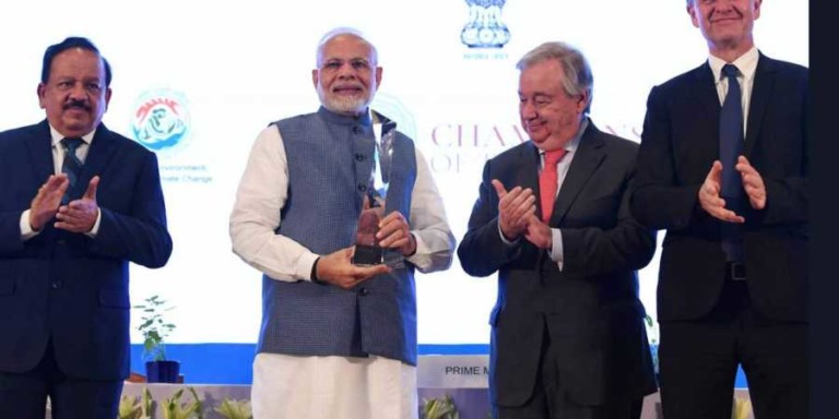 Narendra Modi being presented Champions of The Earth award by UN Secretary General.