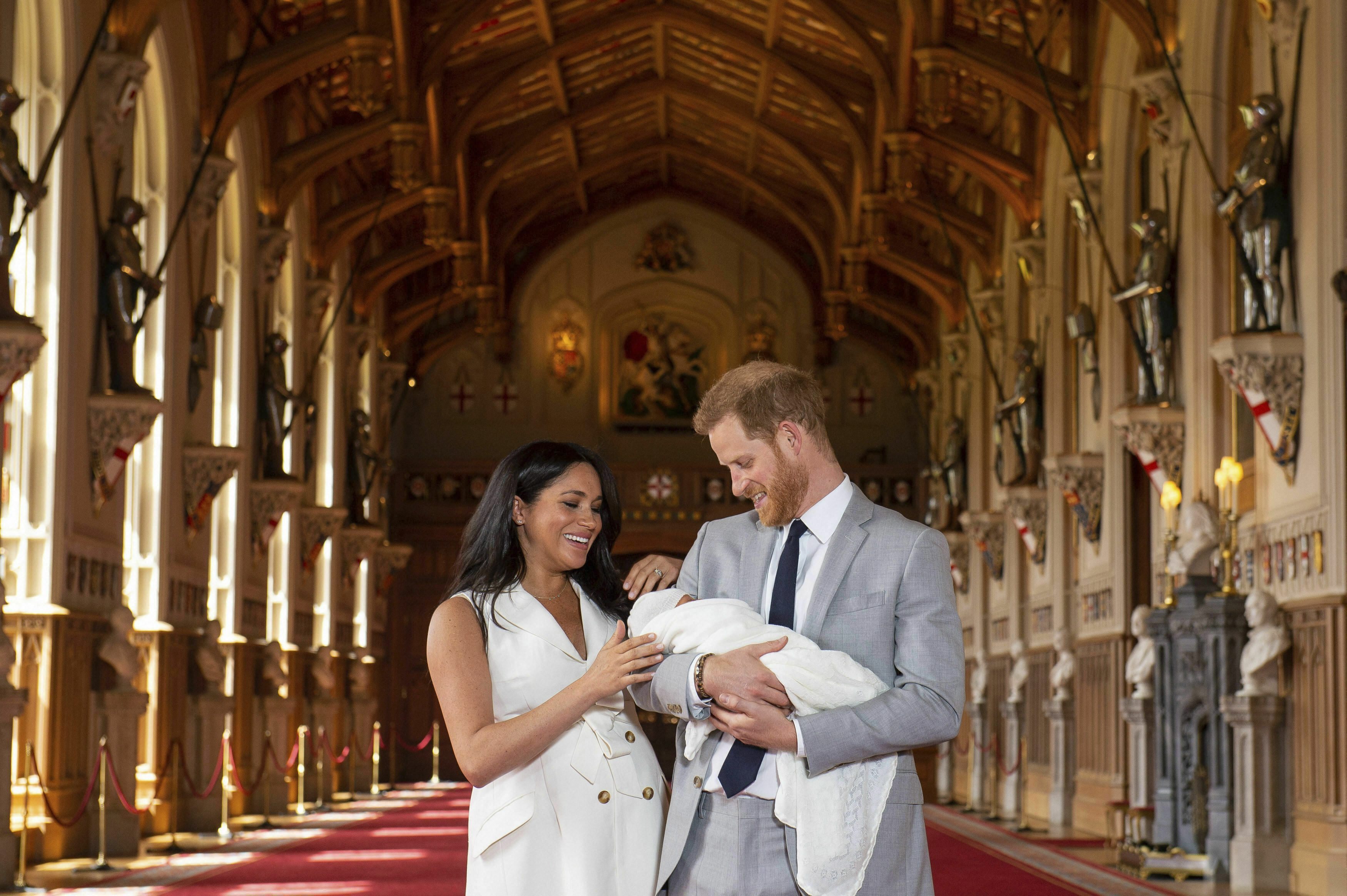 Britain's Prince Harry and Meghan with their newborn son