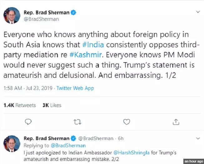 An influential Democratic Congressman on Tuesday apologised to India's US envoy for President Donald Trump's "embarrassing" remarks on Kashmir, while several others came out in support of New Delhi's established stand against any third-party role on the issue.