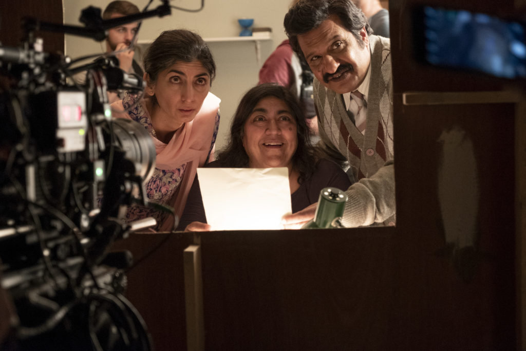 From left to right: Meera Ganatra (Javed's mother, Noor), director Gurinder Chadha and Kulwinder Ghir (Javed's father, Malik)