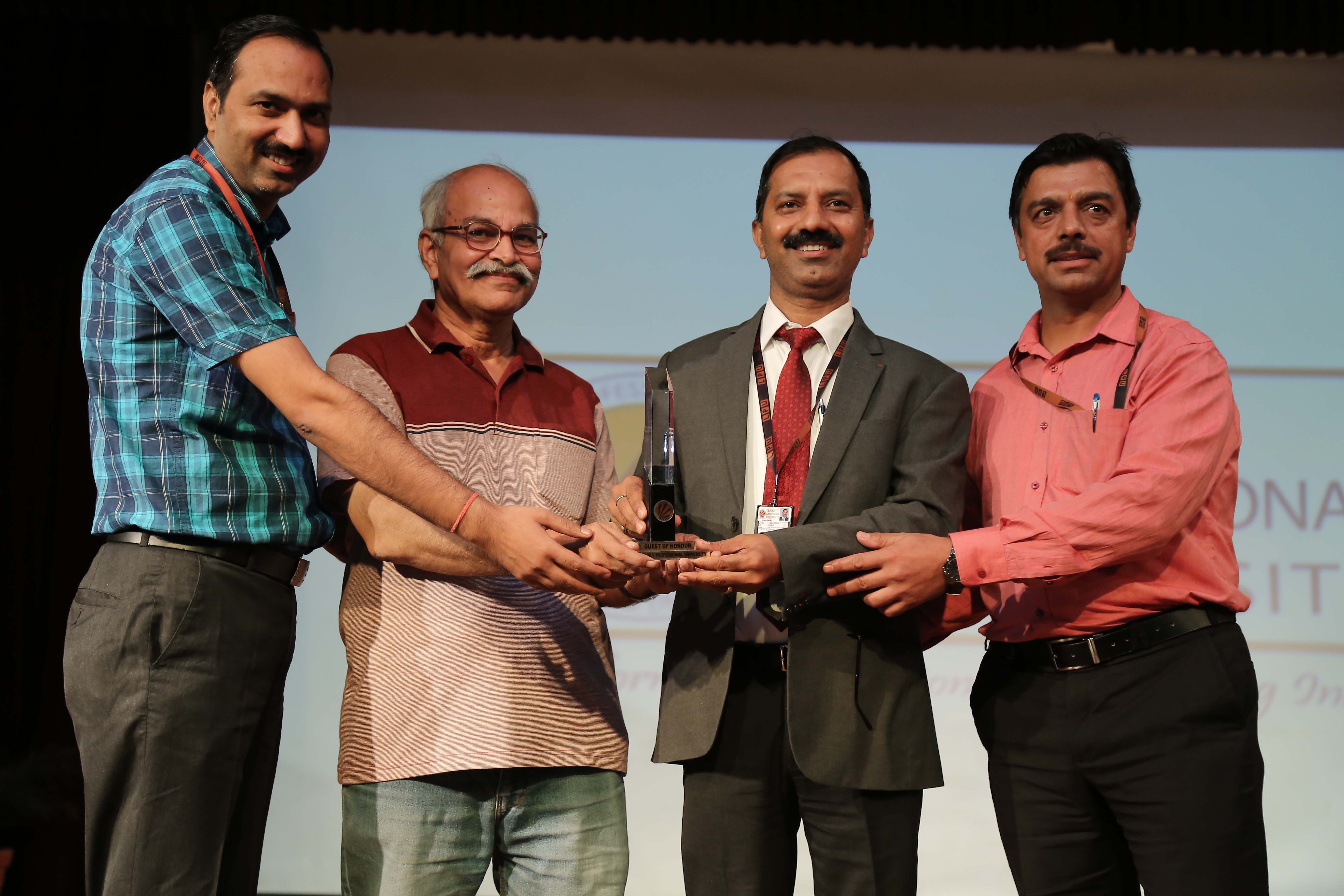 LPU Dean Dr Ramesh Thakur and faculty members honouring Prof HC Verma for his rare visit at LPU Campus