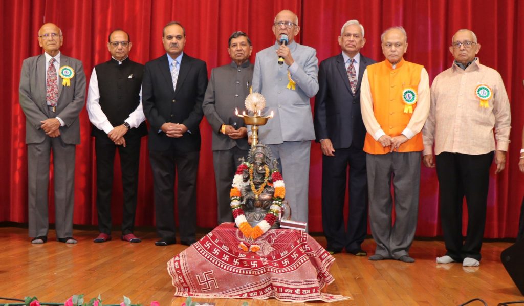 Deep Pragatya ceremony performed by (from left to right) ISC president Narsinhbhai Patel, MSM president Rajubhai Chauhan, Pradipbhai Patel, Dahyabhai Prajapati, Dr Anantbhai Rawal, Chhotubhai Patel, Bailalbhai Patel, and Mafatbhai Patel