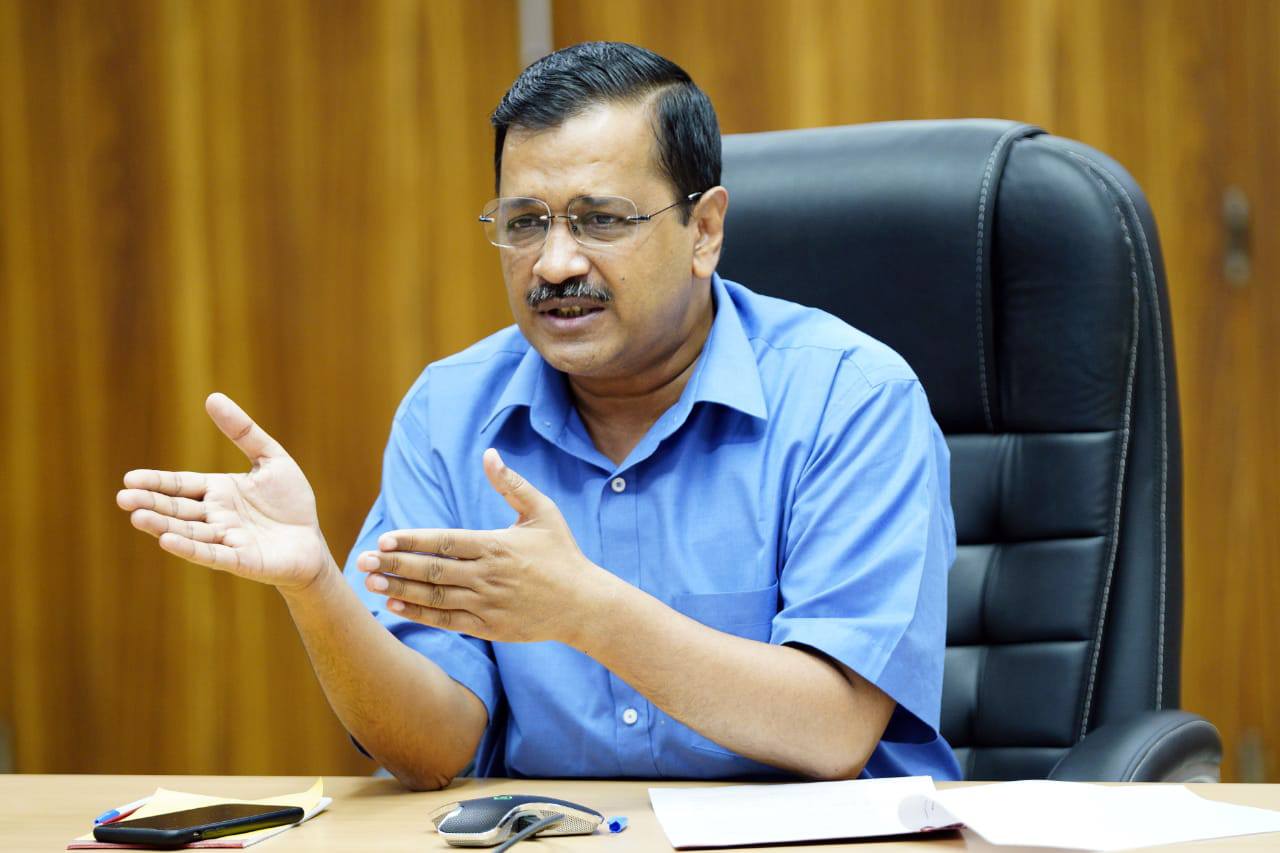 Delhi Chief Minister Arvind Kejriwal during an interaction with traders