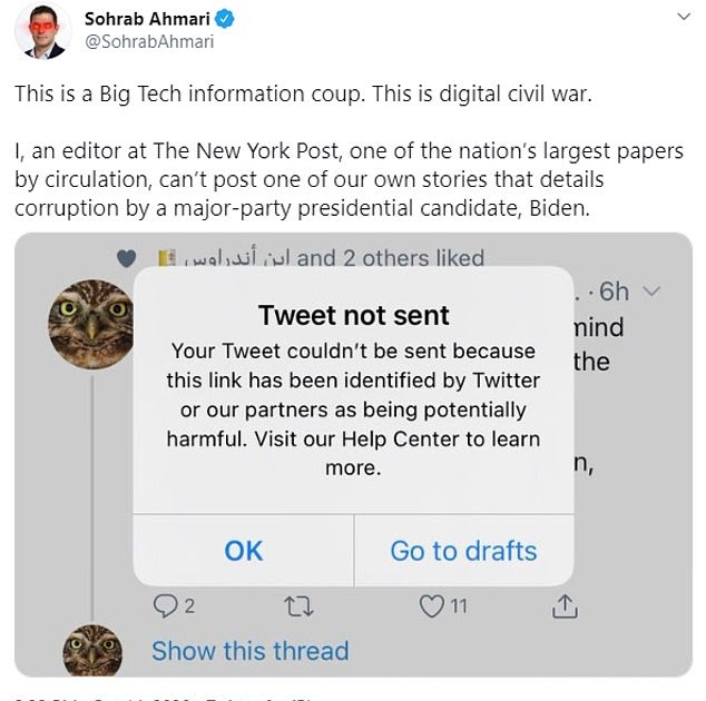 Twitter limits New York Post's editor from posting Biden-related corruption stories