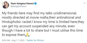 Kangana Ranaut calls Twitter 'Hinduphobic' and 'antinational'