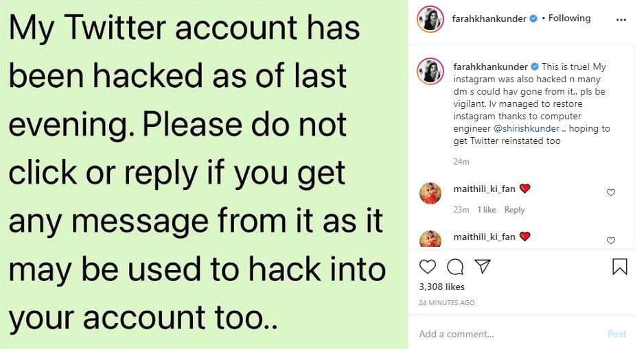 Days after being hacked, Farah Khan's Twitter account restored