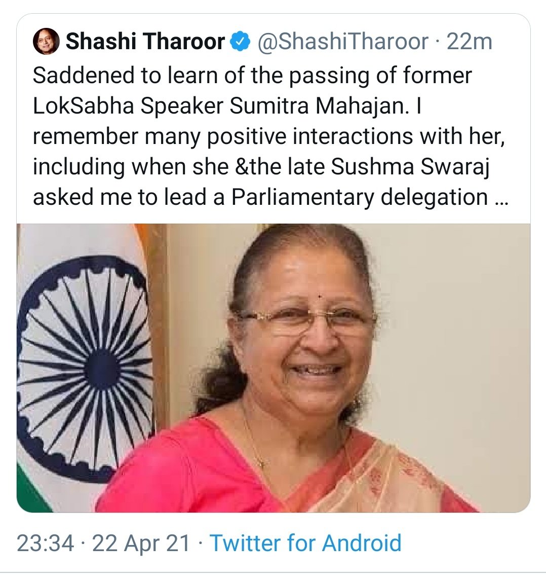 Shashi Tharoor tweets Sumitra Mahajan passes away; BJP says former LS speaker 'absolutely fine'
