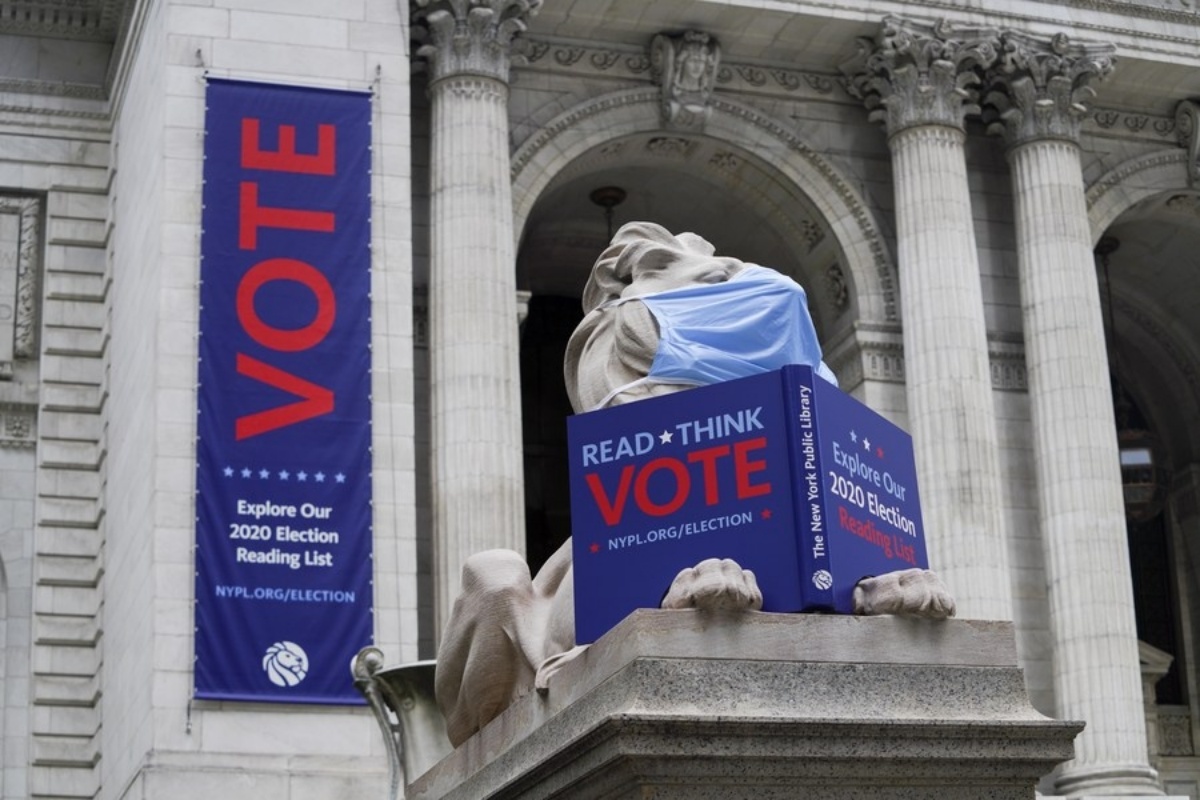 New York, Nov. 03 (Xinhua) -- Advertisements encouraging people to vote in the upcoming 2020 U.S. presidential election are seen outside New York Public Library in New York, the United States, Nov. 2, 2020. (Xinhua/Wang Ying/IANS)
