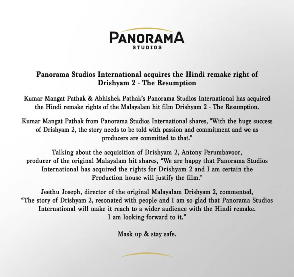 Panorama Studios International acquires Hindi remake rights of 'Drishyam 2 - The Resumption'