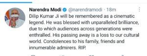 PM Modi mourns legendary actor Dilip Kumar's demise