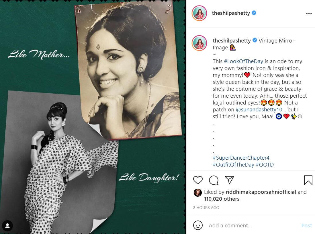 Shilpa Shetty sports retro look, pays tribute to 'her fashion icon' mother Sunanda Shetty