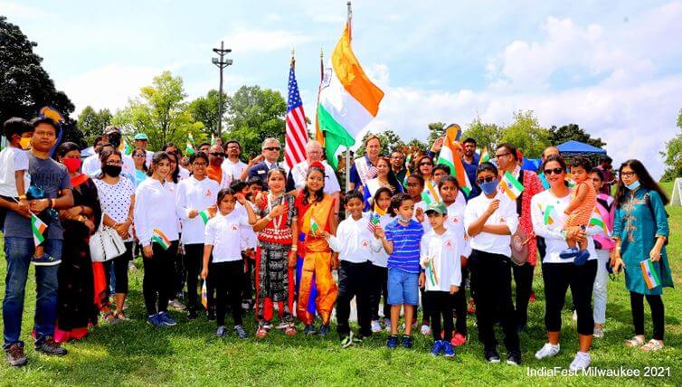 8. Singing India’s national anthem with the guests, America’s Young Marines color guards, and children. In picture - Paul Truess – Regional Director Office of US Senator Ron Johnson, Purnima Nath – Founder, Chairwoman & President Spindle India, Inc., Steve Ponto – Mayor Brookfield, Bob Spindell – Chair, RPW Congressional District 4.