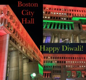 Boston City Hall with Diwali lights