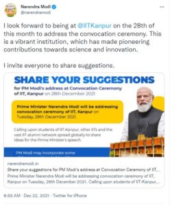 PM Modi invites suggestions for his speech ahead of Dec 28 visit to IIT Kanpur