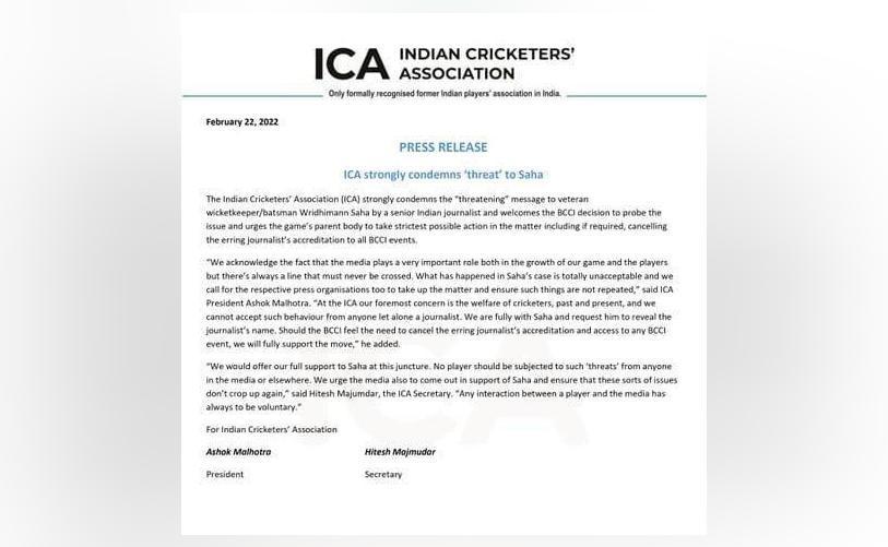Indian Cricketers' Association issues statement in favour of Saha, condemns journalist's 'threat'