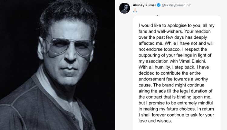 Akshay Kumar steps down as tobacco brand ambassador, promises to be mindful in future choices
