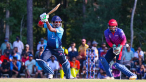 Strikers batsman Narsingh Deonarine punches through cover