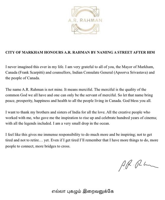 AR Rahman expresses gratitude after Canadian city names street after him