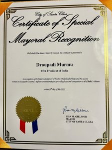 Certification of Special Mayoral Recognition from the City of Santa Clara for President Droupadi Murmu