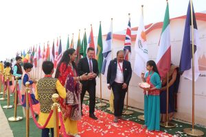 Traditional welcome of ambassadors at the BAPS Hindu Mandir, Abu Dhabi.