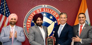 California Attorney General Rob Bonta along with NID Foundation Founder & IMF Convener Satnam Singh Sandhu; Pannu Dental Group CEO Dr. Dalvir Singh Pannu and Eminent Entrepreneur Joe Johal during the Round Table Conference on ‘India-US Partnership- A key to New World Tech Order’ at San Jose